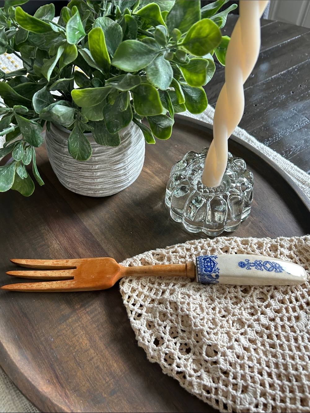 Vintage Dutch Blue Delft Wooden Serving Fork with Ceramic Handle